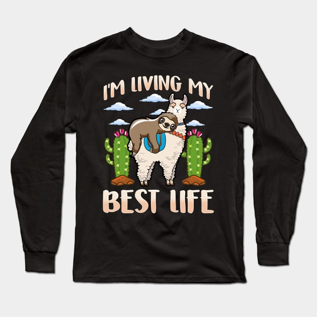 Cute Sloth & Llama Living My Best Life Sleepy Lazy Long Sleeve T-Shirt by theperfectpresents